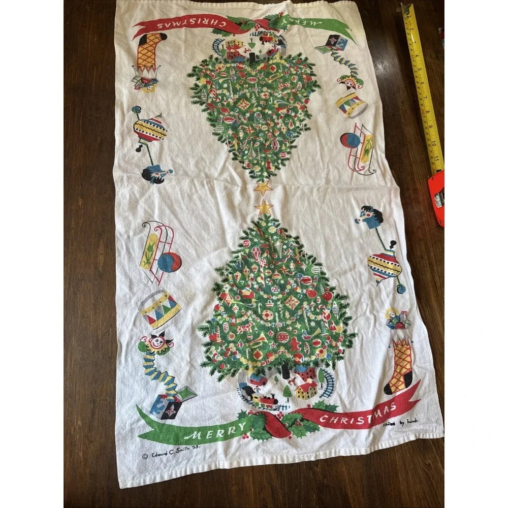 Christmas Tree Linen Tea Towel Train Toys Kitchen Green Red Vintage 1953 Smith