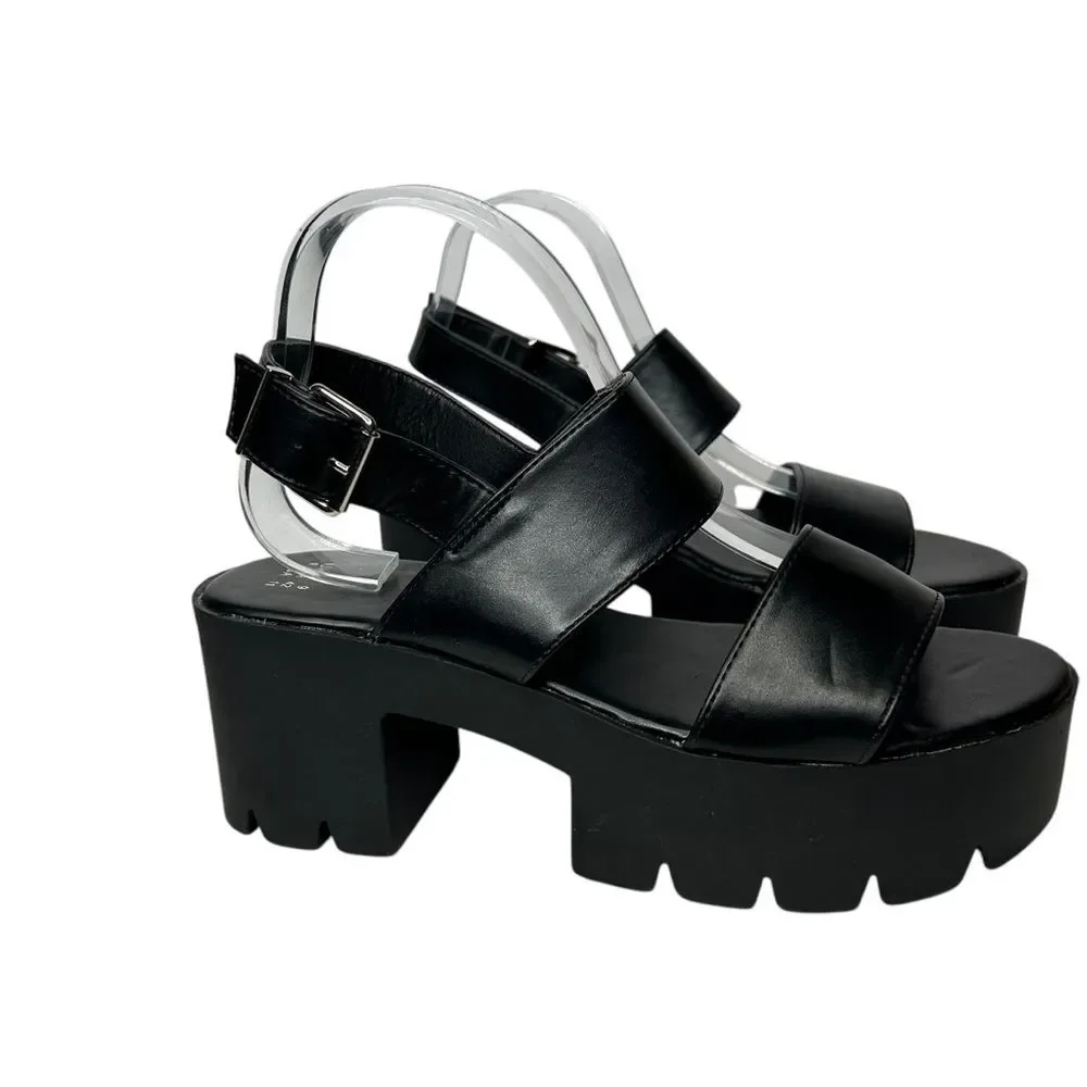 New Faux Leather Chunky Black Platform Sandals 9 Slingback Design