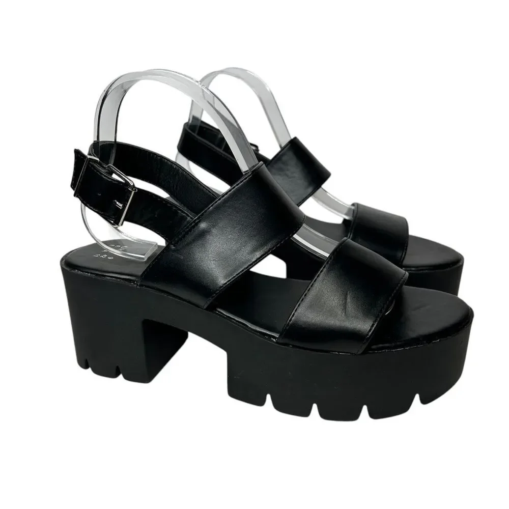 New Faux Leather Chunky Black Platform Sandals 9 Slingback Design