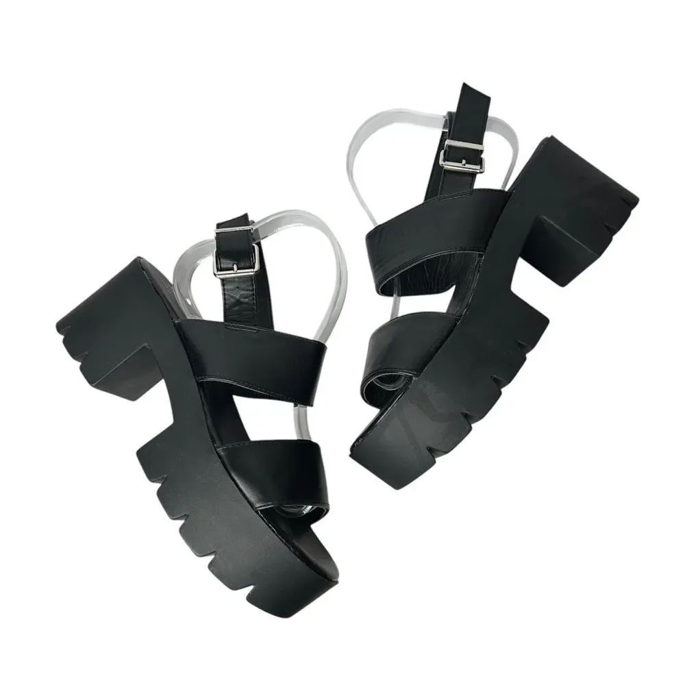 New Faux Leather Chunky Black Platform Sandals 9 Slingback Design