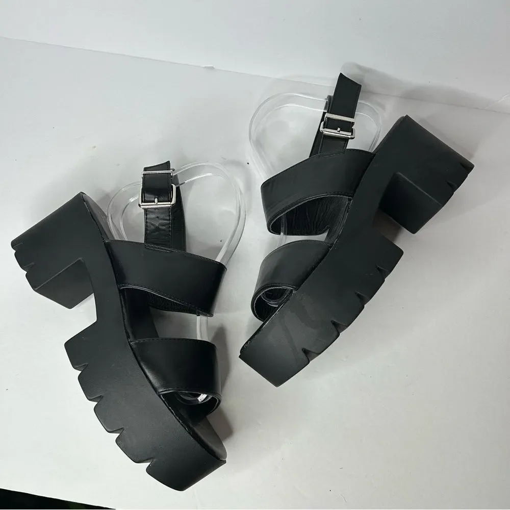 New Faux Leather Chunky Black Platform Sandals 9 Slingback Design
