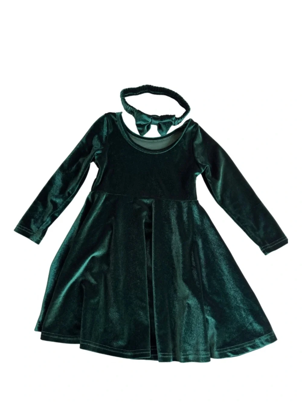 Toddler Girls Dark Green Velour Long-Sleeve Dress with Bow Headband 4-5T
