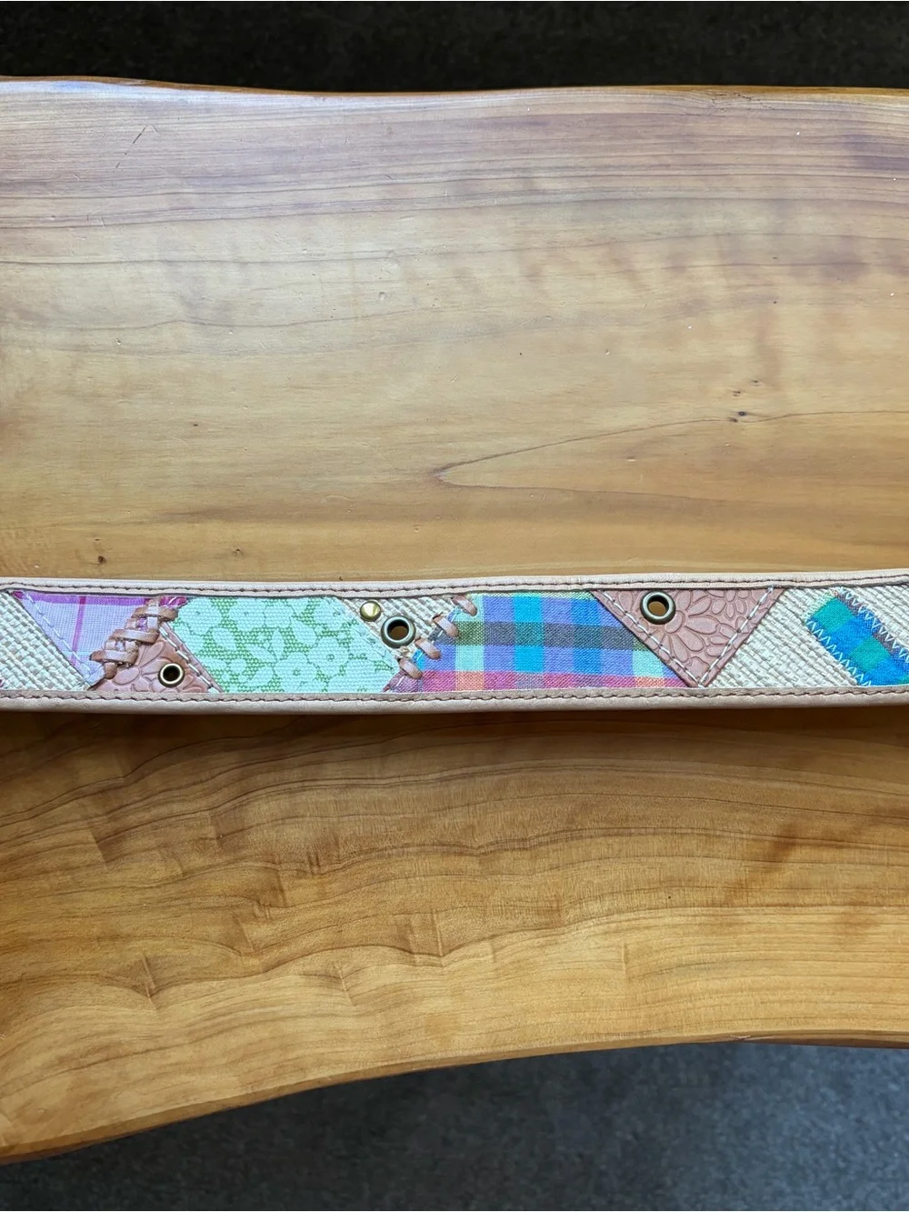 Fossil Leather Belt with Green Floral Inlay and Gold Buckle