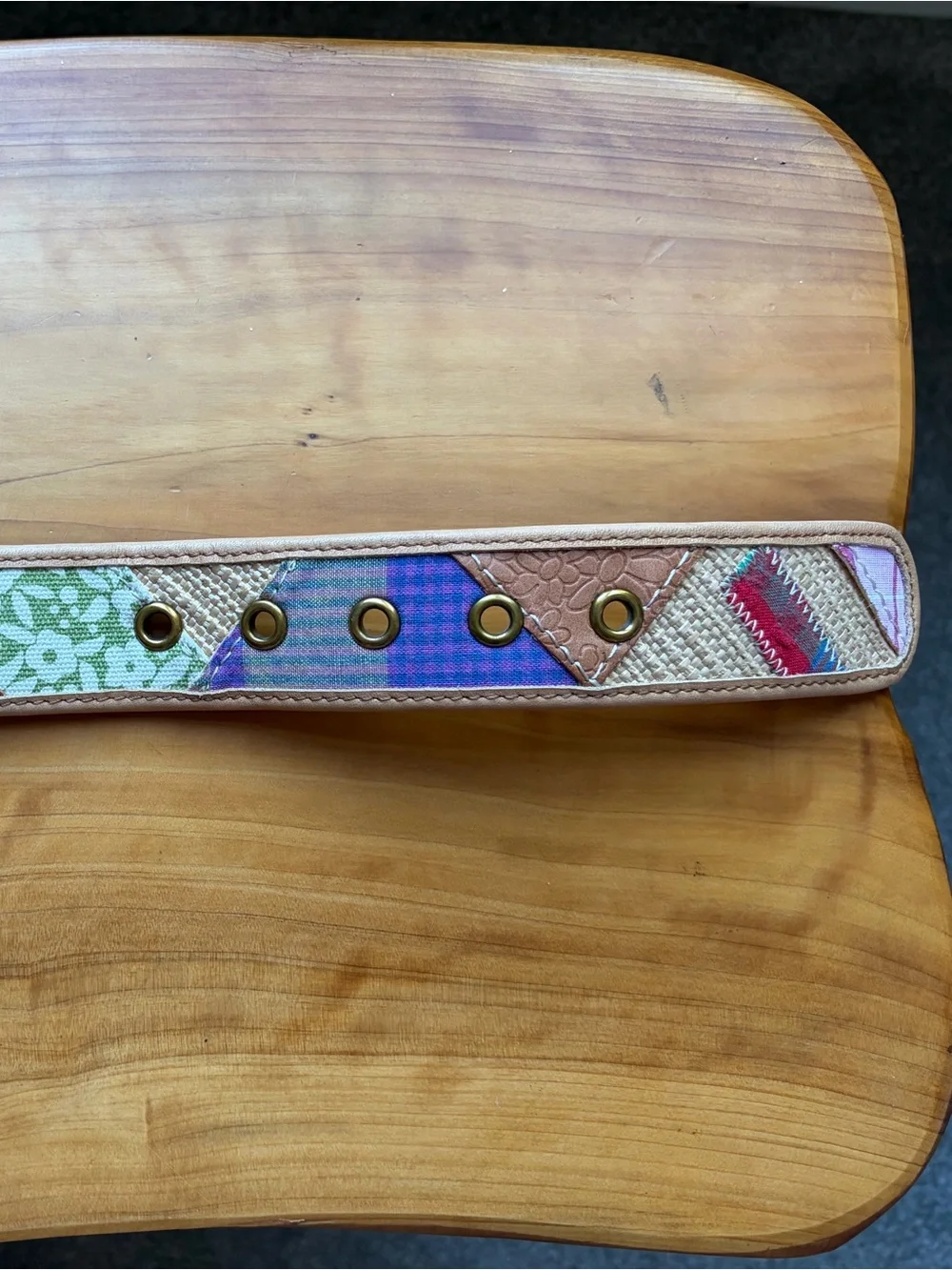 Fossil Leather Belt with Green Floral Inlay and Gold Buckle